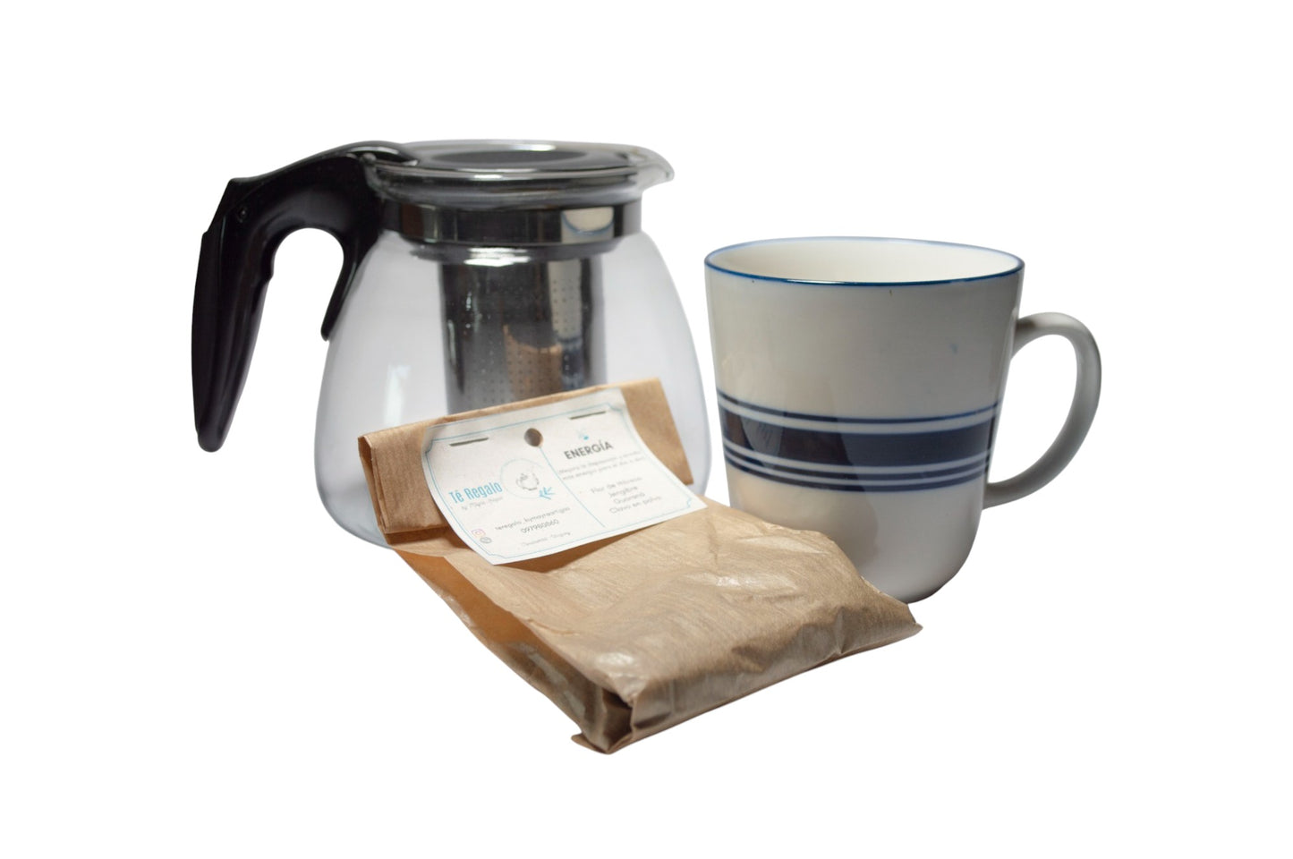 Tetera de vidrio (mango de plástico)con infusor incluído+ taza+ blend.